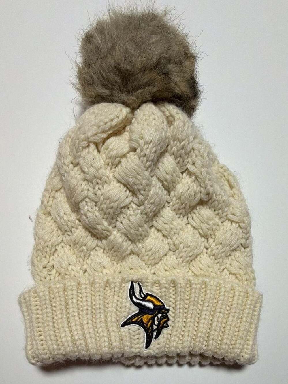 Minnesota Vikings NFL LogoFit Cable Knit Cream Winter Beanie Hat with Pom